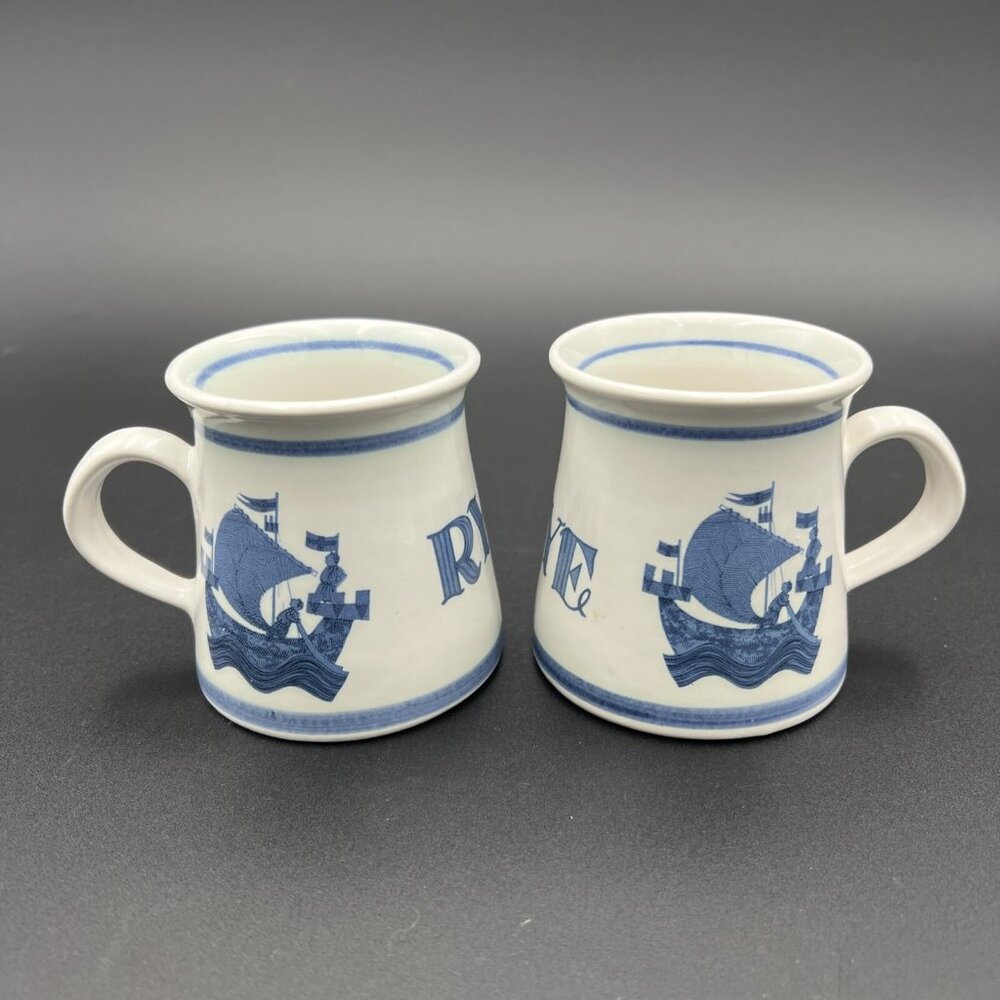 Vtg Iden Pottery RYE Mug SHIP Blue Cream Ceramic Sussex England Viking Sailing - Picture 2 of 12